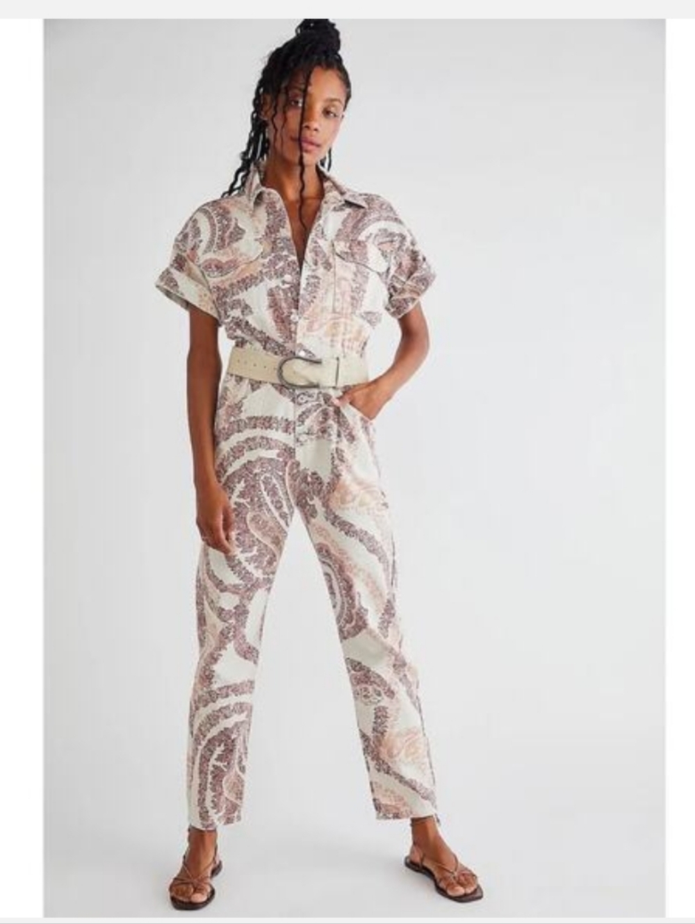 We The Free Cream & Brown Paisley Short-Sleeve Jumpsuit